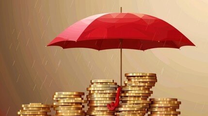 A red umbrella protects the coin. Capital protection insurance Care symbols, 3D illustration