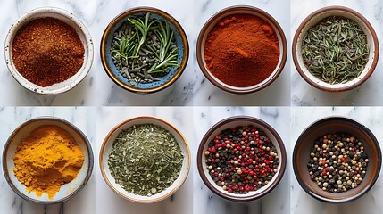 A collage of eight bowls containing different spices, including turmeric, coriander, cumin, paprika, oregano, thyme, sage, and pepper 