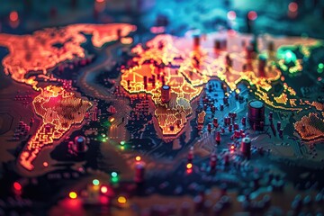 Global map made of electronic circuit board components symbolizing world trade and global electronics market