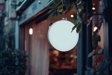 Blank white circular sign hanging from string against white background.