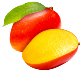 Red mango with slices on white background, Fresh Japanese Elegant mango fruits “Egg of the Sun” Sugar content of 16 degrees isolate on white PNG File.