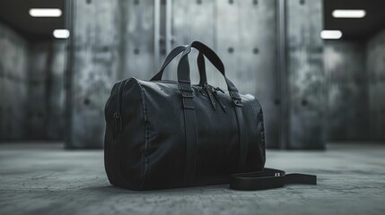 A stylish black duffel bag in a modern, minimalist setting with concrete walls and soft lighting.