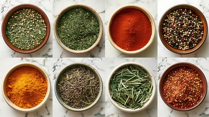 A collage of eight bowls containing different spices, including turmeric, coriander, cumin, paprika, oregano, thyme, sage, and pepper 