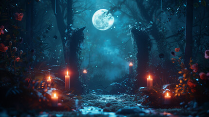 Naklejka premium In a dense forest surrounded by darkness, the breathtaking image shows candles flickering among the thick branches and dark trees.