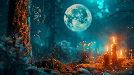 Obraz premium In a dense forest surrounded by darkness, the breathtaking image shows candles flickering among the thick branches and dark trees.
