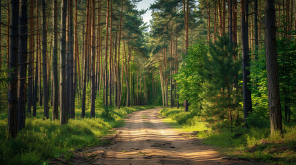 Obraz premium Among the dense pine trees in the forest there is a forest road, surrounded by greenery and peace. The sun breaks through the treetops, casting golden spots on the path.