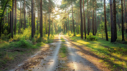 Among the dense pine trees in the forest there is a forest road, surrounded by greenery and peace. The sun breaks through the treetops, casting golden spots on the path.