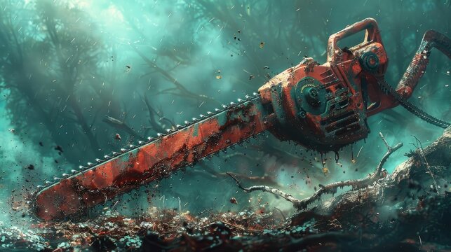 A rusty chainsaw lying on the ground of an ominous, foggy forest.