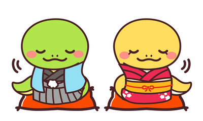 着物を着た巳のかわいいキャラクター　男女　お辞儀　イラスト素材