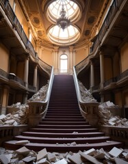 Fototapeta premium The grand staircase of an abandoned mansion is surrounded by piles of rubble, with light streaming in from a large skylight above. The once opulent space now lies in ruins, capturing a hauntingly