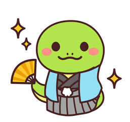 扇子を持った巳のかわいいキャラクター　着物　イラスト素材