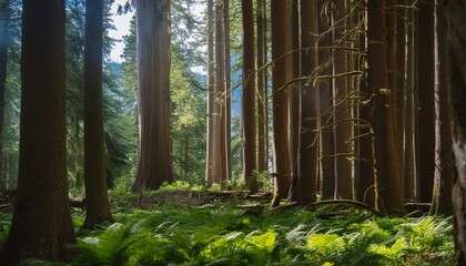 Dense, lush green forest in the middle of summer. Tall trees with thick trunks