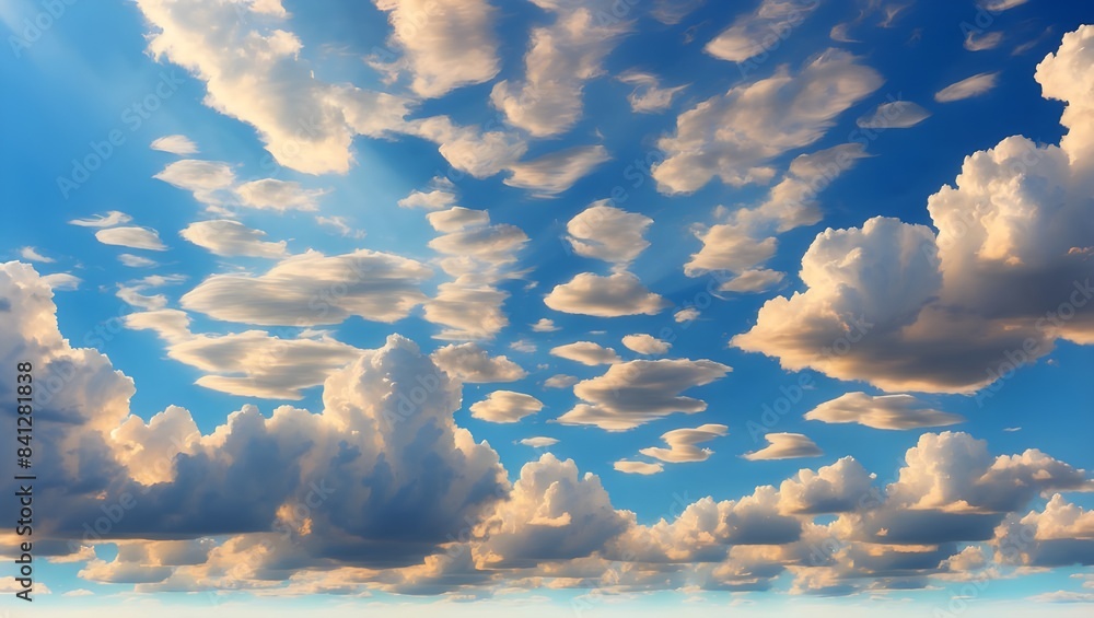 Poster it's a hot day with the sun shining down on a blue sky filled with alternating small and huge clouds