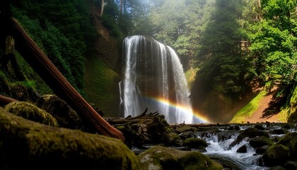 Fototapeta premium A picturesque waterfall cascading down moss-covered rocks in a dense forest