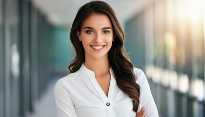 Fototapeta premium Portrait of a young woman with dark hair and green eyes in a light shirt, standing in a modern office