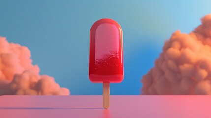 Vibrant pink popsicle standing against a pastel sky with fluffy clouds. A refreshing summer treat, perfect for cooling off on warm days. 3D Illustration.