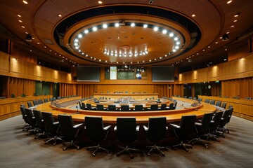 A large room with a lot of chairs and a podium