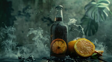 A dark glass bottle with a lemon slice placed alongside fresh citrus fruits, amidst a smoky atmosphere.