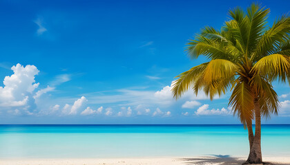 Beautiful tropical sea beach with palm tree and  blue sky background. Generative Ai