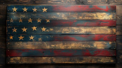 Naklejka premium American flag displayed on a rustic wooden table against a textured brown background