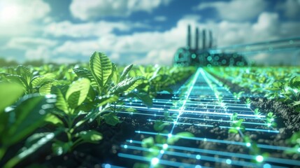 An image of a field with various types of crops growing and a robotic weed control machine in the background ensuring each crop is weedfree.