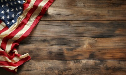American flag displayed on a rustic wooden table against a textured brown background