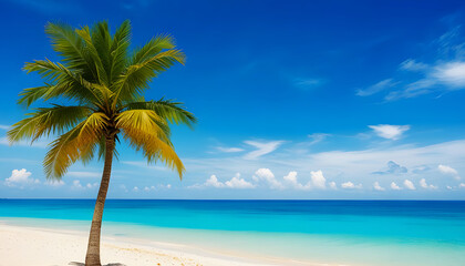 Beautiful tropical sea beach with palm tree and  blue sky background. Generative Ai