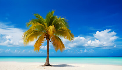 Fototapeta premium Beautiful tropical sea beach with palm tree and blue sky background. Generative Ai