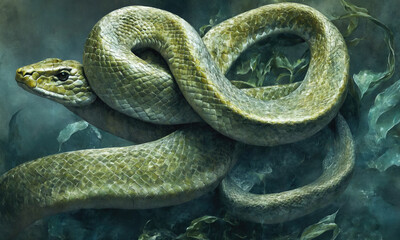 Obraz premium Fantasy Illustration of a wild snake. Digital art style wallpaper background.