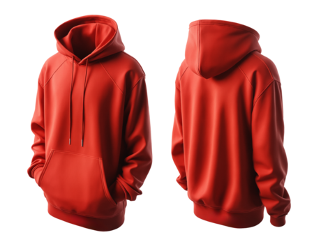 Red hoodie front and back view, hoodie mockup, png isolated background