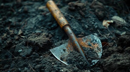 A rusty shovel stuck in dark soil, embodying a weathered yet serene gardening moment.