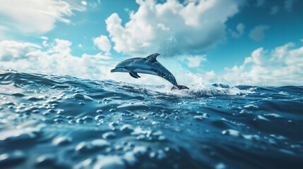 Fototapeta premium Dolphin jumping in the open sea against blue sky.