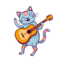 A  cat animal is dancin with full guitar.