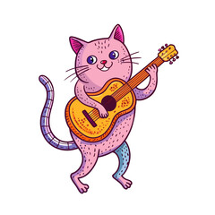 A  cat animal is dancin with full guitar.