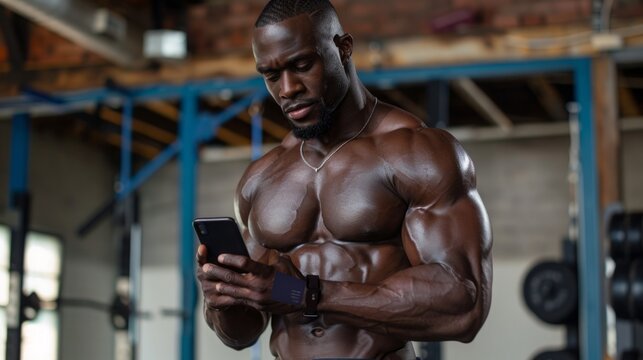 A muscular man stands in a gym, checking his phone after completing a workout.