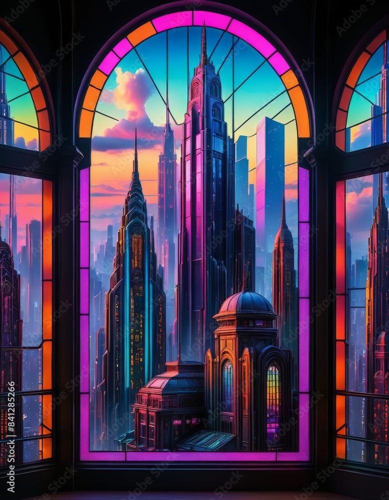 Poster a stunning view through a large stained glass window, featuring a vibrant and colorful depiction of 