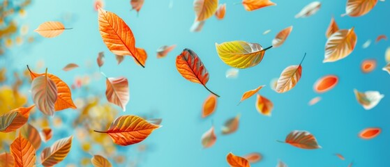 Whirling Autumn Symphony: Dynamic Dancing Leaves in Vibrant Wind Blur Illuminate Wide Angle Sky Space with Copy Area.