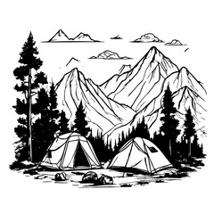 A drawing of two tents in the woods with mountains in the background