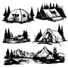 A set of six black and white drawings of tents and campers in the woods. The drawings show a variety of tents, including a dome tent, a teepee, and a pop-up tent