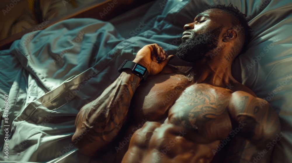 Wall mural a muscular black man with a beard and tattoos sleeps in bed, wearing a smartwatch. - Wall murals