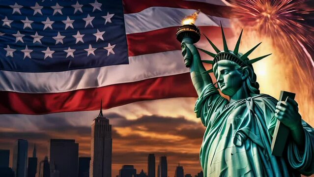 statue of liberty with american flag and fireworks explosion in the city at night, copy space area for independence day videos etc.