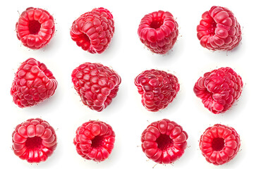 Raspberry collection top view isolated on white background