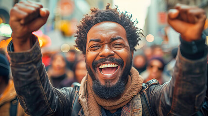 Joyful triumph, exuberant man celebrating in crowd