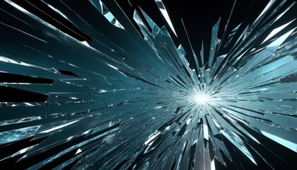 Dramatic digital artwork of exploding glass shards, with a central bright light and shards in various shades of blue.. AI Generation