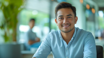 Portrait of male Filipino handsome business leader, modern bright office boardroom, professional atmosphere, leadership, diverse workplace, corporate setting.