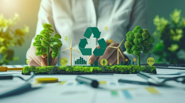 A conceptual eco-friendly setup with hands arranging sustainable elements on a green desk