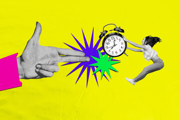 Trend artwork sketch image composite 3D collage of huge clock time deadline work job young woman...