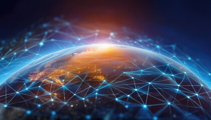 Naklejka premium Blockchain technology Map of the planet. World map. Global social network. Blue futuristic background with planet Earth. Internet and technology. Floating blue plexus geometric background.