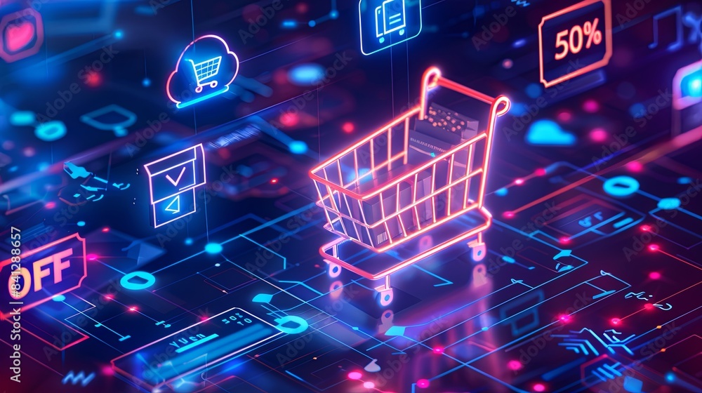 Poster A futuristic abstract background featuring a glowing shopping cart with 50% off text and other online shopping icons. Generative AI