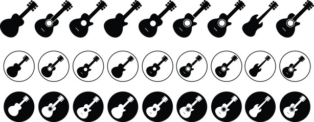Set of Acoustic musical instruments icons. Black and white Guitar vectors illustration. Music symbols Modern, simple fill signs for web sites or mobile apps designs isolated on transparent background.